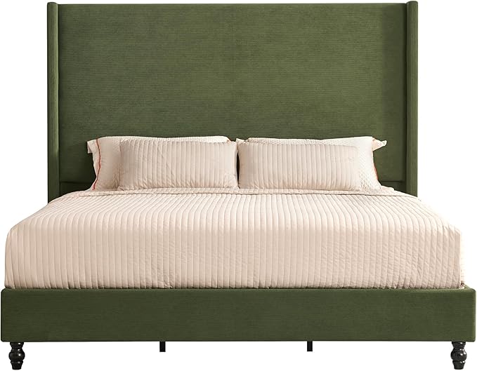 King Bed Frame with 65" Tall Headboard, Horizontal Fine Corduroy Bed Frame with Wingback, Upholstered Platform Bed, Vintage Solid Wood Gourd Legs, No Box Spring Needed, Green