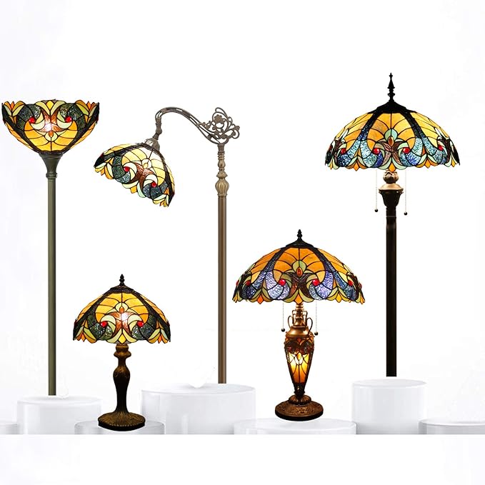 WERFACTORY Tiffany Lamp Yellow Stained Glass Liaison Mather-Daughter Vase Table Lamp 16X16X24 Inch Antique Desk Reading Light Decor Bedroom Living Room Home Office S160E Series