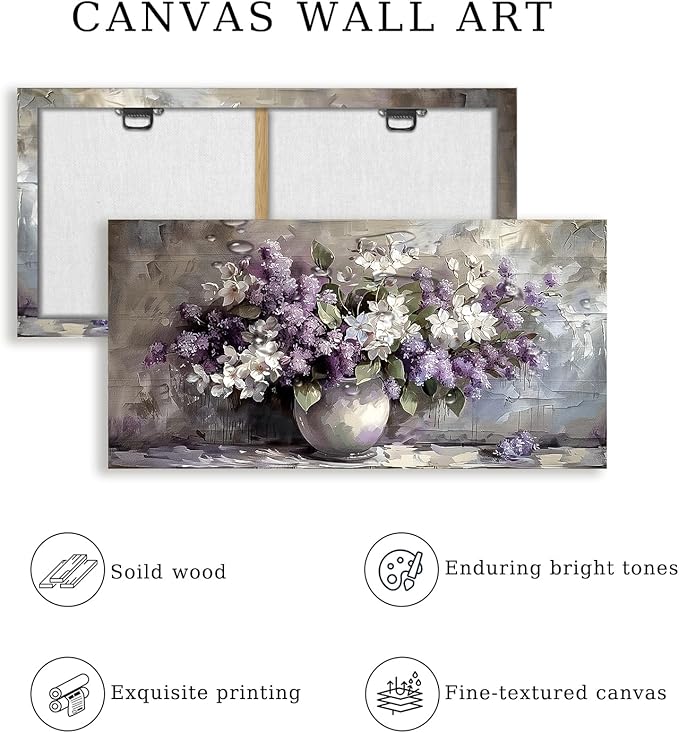 SERIMINO Large Wall Art for Living Room, Still Life Flowers Canvas Prints, Purple Floral Botanical Decor Paintings, Modern Aesthetic Pictures Wall Decor, Farmhouse Kitchen Artwork 24"X48"