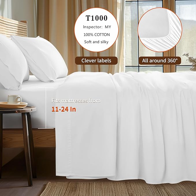 LBRO2M 100% Cotton Sheets Set Deep Pocket 24", 1000 Thread Count Queen Size 4 Piece Bed Sheet Sets Soft Comfortable Bedding All Season (Queen, White)