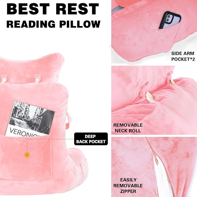 SLIGUY Reading Pillow-Bed Rest Pillow with Detachable Neck Roll & Higher Support Arm for Sitting in Bed Couch or Floor-Backrest Reading Pillow Adult Back Pillow for Reading/Watching TV/Gaming,Pink