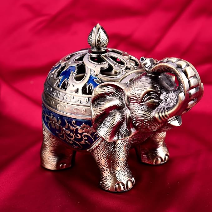 K COOL Metal Backflow Incense Holder Elephant Cone Incense Burner Candle Holder with Lid, Aromatherapy Ornament Home Office Decoration for Indoor Outdoor (Navy Blue)