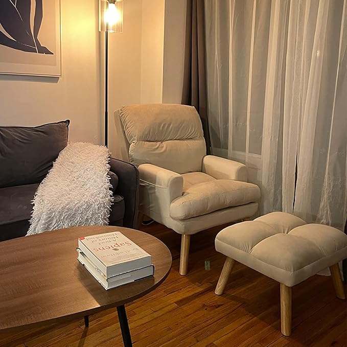 INZOY Accent Chairs with Ottoman Set, Modern Velvet Armchair with Adjustable Backrest, Comfy Lounge Chair for Living Room Bedroom, Creamy