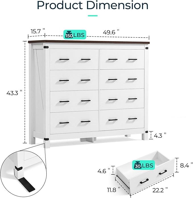 LINSY HOME Farmhouse 8 Drawer Double Dresser for Bedroom, 50” Wide Rustic Wood Chest with Deep Drawers, Modern Dressers with Storage and Metal Handles for Closet, Living Room, Hallway, Off White
