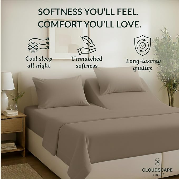 Cloud Scape Linen 100% Egyptian Cotton Split King Sheet Set for Adjustable Bed,400 Thread Count, 5 Pcs Bedding Set, Soft, Breathable and Durable, Deep Pockets up to 17, Taupe
