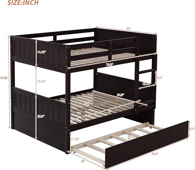 Upgraded Version Best Full Over Full Bunk Bed with Trundle, Thicken Solid Wood Full Size Bunk Bed, Bunkbed Frame Full Over Full, Convertible to 2 Beds, Easy Assembly for Adults (Espresso)