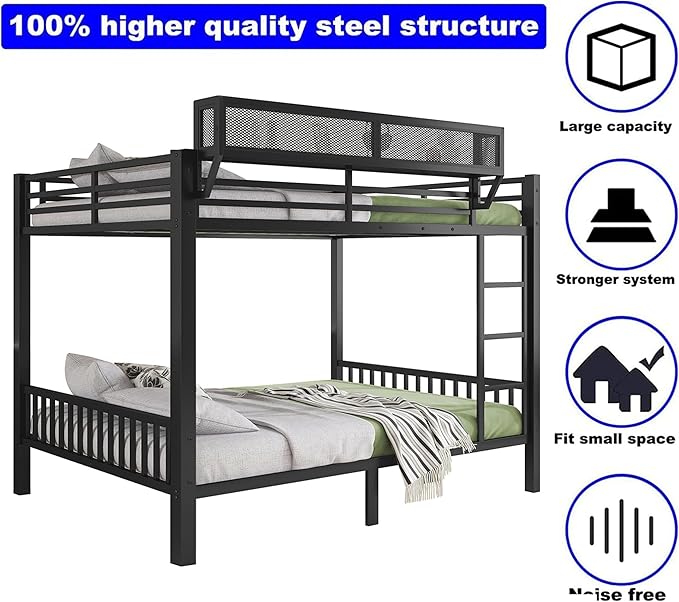 Upgraded Version Thicken Metal Heavy-Duty Queen Over Queen Bunk Bed with Storage Shelf, Best Modern Style Stronger Queen Size Bunk Bed with Ladder for Adults, Easy Assembly (Queen+Storage Shelf)