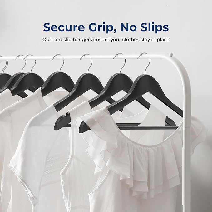 SereneLife 50-Pack Wooden Coat Hangers – Durable Suit Hangers with 360° Swivel Hook & Notches – Slim Design for Shirts, Jackets, Dresses, and More (Black)