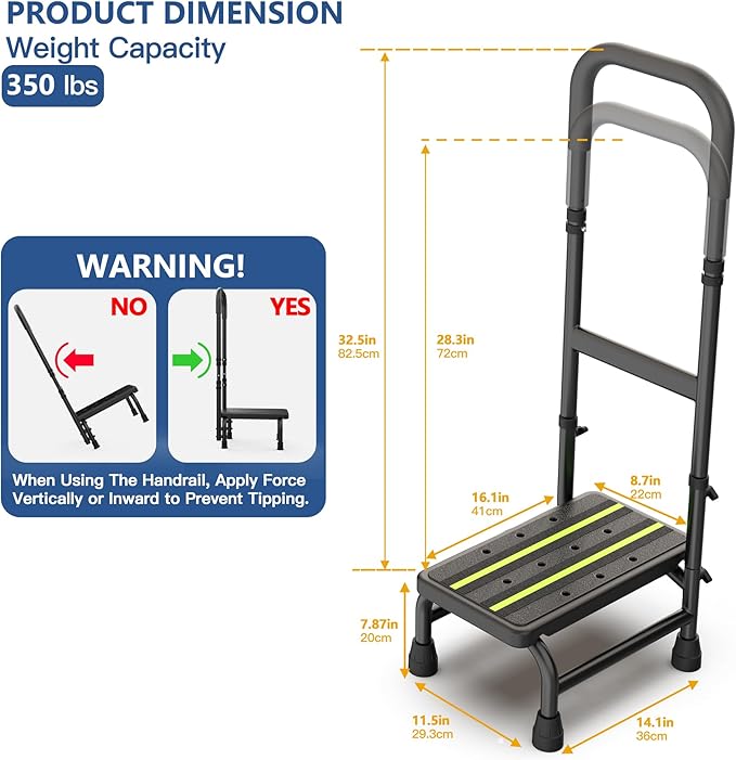 Packve Step Stool with Handle for Elderly, Non Skid Platform & Adjustable Handrail, Medical Stepping Stool for High Bed Mobility & Daily Living Aids, Bedside Car Stair Lift for Senior Adults 350lbs