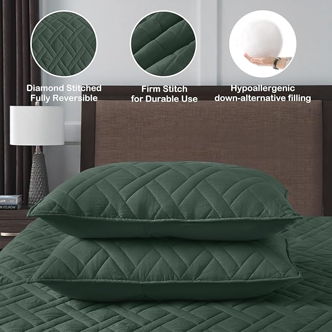 HORIMOTE HOME Quilt Set Queen Size Dark Green, Classic Geometric Diamond Stitched Pattern, Ultra Soft Microfiber Lightweight Bedding Bedspread Coverlet for All Season with 1 Quilt 2 Pillow Shams