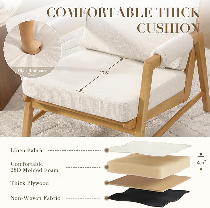 HEAH-YO Modern Accent Chair Set of 2, Upholstered Linen Fabric Living Room Chair with Wooden Frame, Comfy Armchair with Thick Cushion for Bedroom Balcony, Beige