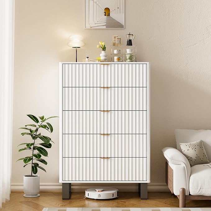 Fluted 5 Drawers Dresser, 48" H Modern Country Storage Dressers with Brushed Metal Handles, Wood Storage Organizers for Living Room, Hallway, White
