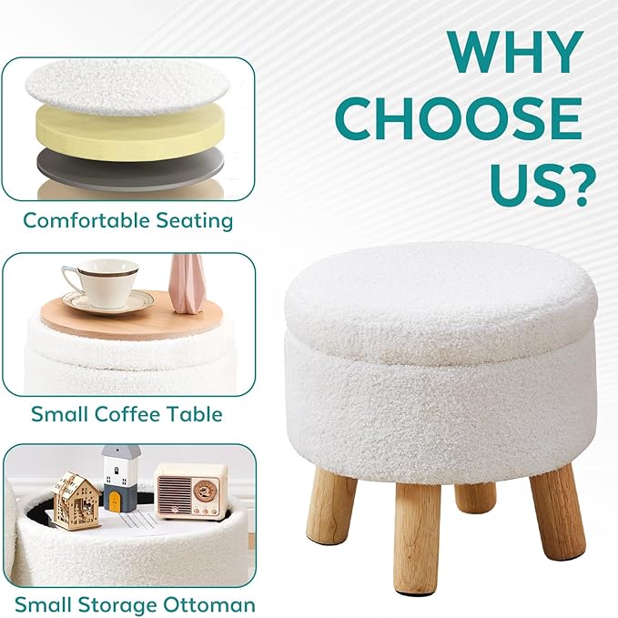 FIMIVIBI Small Ottoman with Storage, Small Storage Ottoman Round, Sherpa Foot Stool with Legs, Ottomans and Footstools for Living Room and Entryway (White)