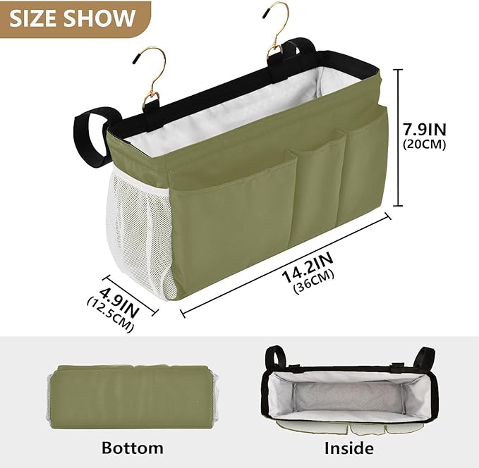 Olive Color Bedside Caddy Storage Bag Bedside Organizer for Dorm Room Top Bunk Bed Bedside Shelf Hanging Organizer 6 Pockets with Hooks for Glasses Book Tablet Holder