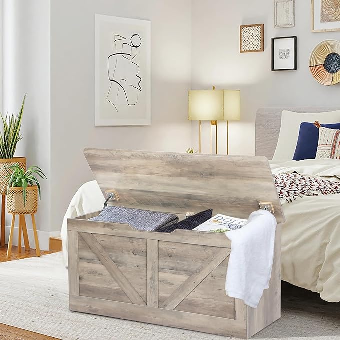 Timberer 39.4" Storage Chest, Wooden Storage Bench, Large Storage Trunk with 2 Safety Hinges, Entryway Shoes Bench for Living Room, Bedroom, Grey