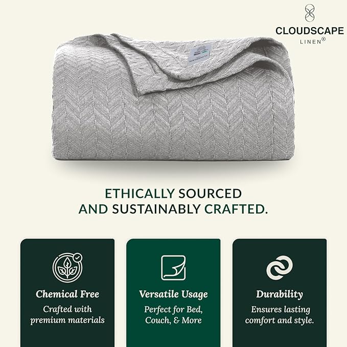 Cloud Scape Linen 100% Cotton Blanket 92x92 Charcoal Grey - Cozy Herringbone Weave, Fits Up to for Full Size Beds, Breathable Softness, All-Season Warmth, Winter Blanket, for Women