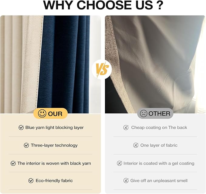Blackout Curtains 96 inch Length 2 Panels for Living Room, Linen-Look Textured Room Darkening Thermal Insulated Noise Reduction Farmhouse Drapes for Bedroom (W52xL96, Cream)