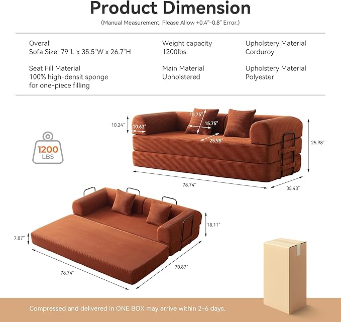 Convertible Sleeper Sofa with 2 Pillow, Modern Corduroy Futon Bed, Modular Sofa with Pull-Out Bed, Love Seat Sleeper for Living Room, Small Space Apartment, Office
