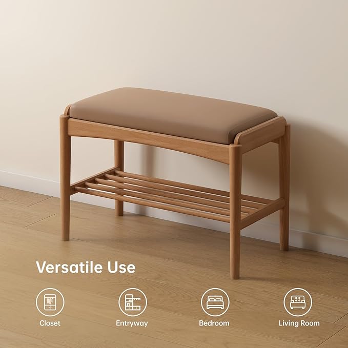 Solid Wood Shoe Bench, Shoe Rack Bench Assembled with Silicone Leather Cushion for Entryway, Hallway, Bedroom, Living Room, 11.8" x 23.6" x 16.5", Beech Wood, Natural