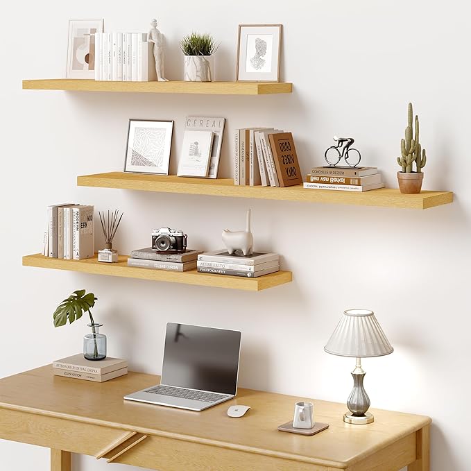 Vivelove 10" Deep Floating Shelves with Invisible Brackets, 36" Wall Shelves for Bathroom Bedroom Kitchen Living Room Laundry Room, Modern Rustic Shelves for Home Decor, 36"x10.2"x1.5", Set of 2, Oak