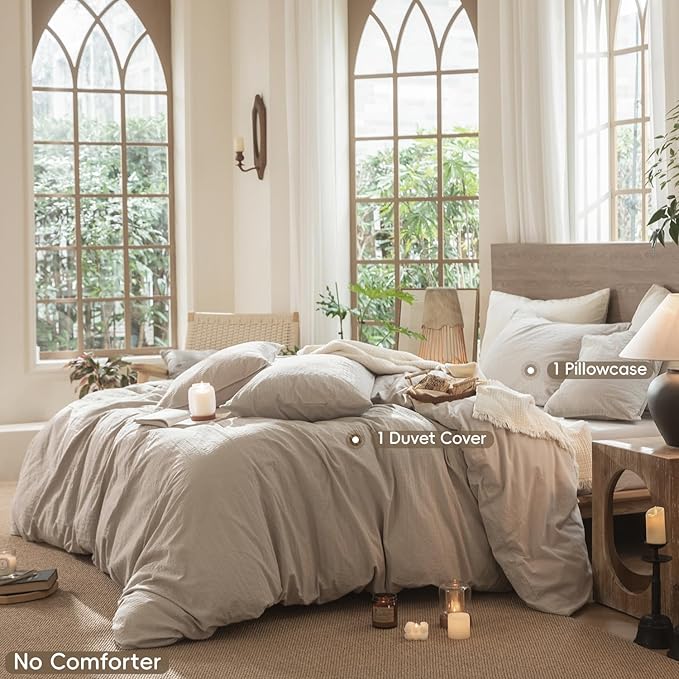 MooMee Wavy Striped Duvet Cover Set 100% Washed Cotton Linen Like Textured Breathable Durable Soft Comfy (Beige, Twin 68"x90")