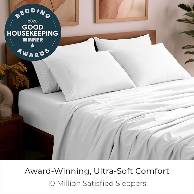 Mellanni California King Sheet Set - 6-Piece Iconic Collection Bedding, (Including 4 Pillowcases), 16-Inch Deep Pocket, Easy Care, Extra Soft, Cooling Sheets, Brushed Microfiber - White