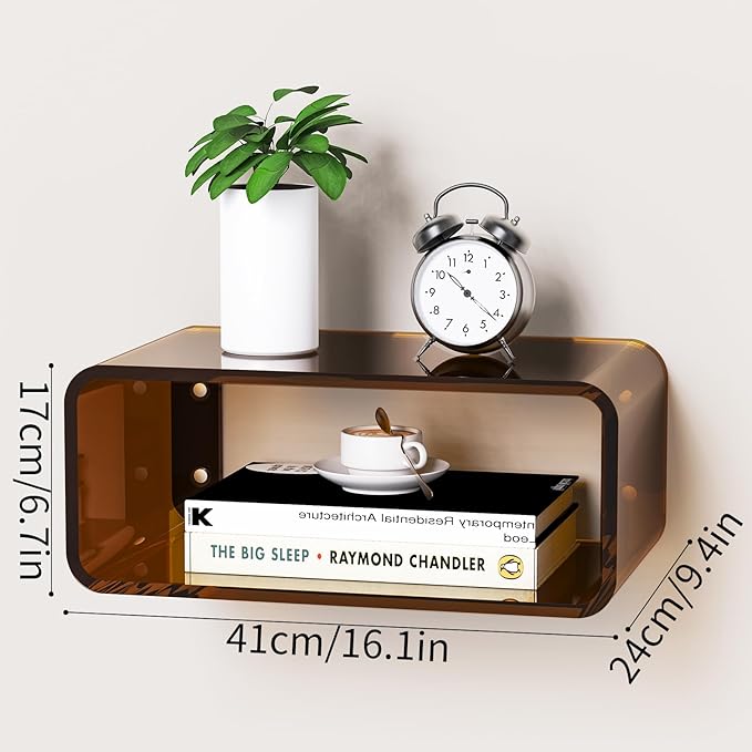 Acrylic Floating Nightstand, Bedside Table, Nightstand Shelf Wall Mounted Bedside Shelf (Dark Brown, Small)