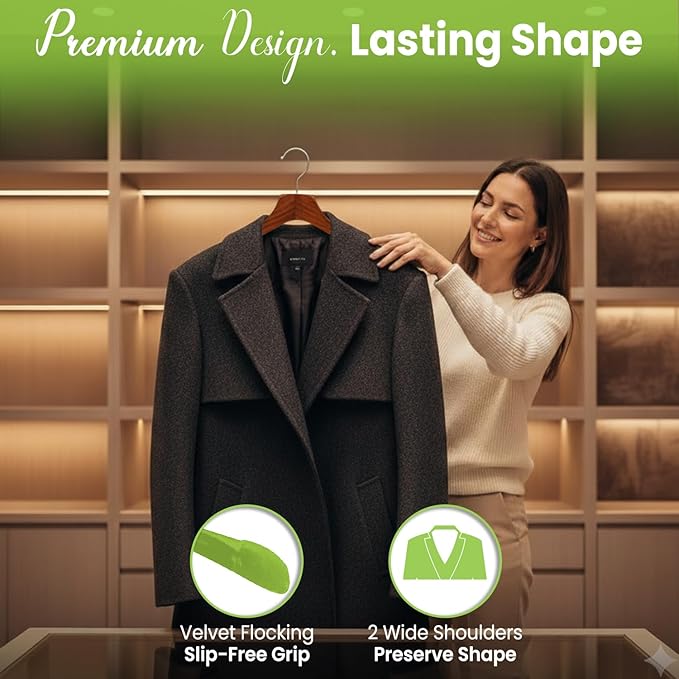 Premium Luxe Wooden Hangers for Women, Wide Shoulder Design for Dresses, Skirts, Sweaters & Blouses, Heavy Duty with Velvet Grip, High Gloss Brown with Brown Velvet, 6 pcs
