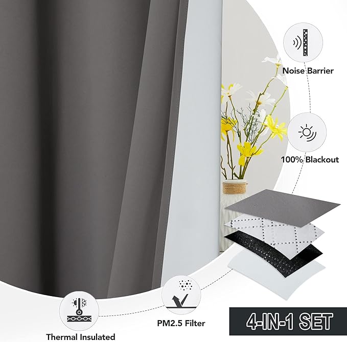 RYB HOME Noise Reducing Barrier for Bedroom, Totally Blackout Curtains and Drapes Energy Smart Window Treatment Anti Dust Divider Filtering PM2.5 Pollen Smog, Grey, W52 x L95 inch, 2 Panel