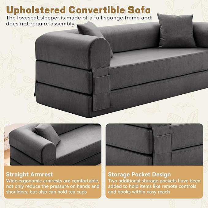 Convertible Sleeper Sofa Bed,78.5 Inch Faux Leather Futon Couch with Pillows & Storage Pocket,5-in-1 Folding Sofa Bed Queen with Pull Out Beds,Boneless Couches for Living Room,Couch in a Box,Gray