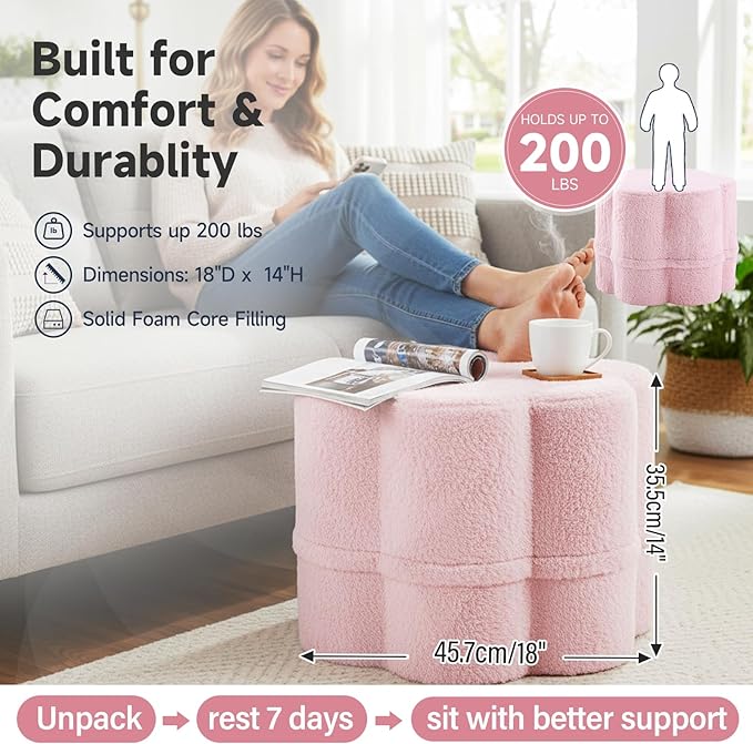 Tiita Floral Pouf Ottoman, Foot Stools Ottoman with Foam Chunk Filling, Puff Foot Rest for Couch, Living Room, Kids Room, Pink