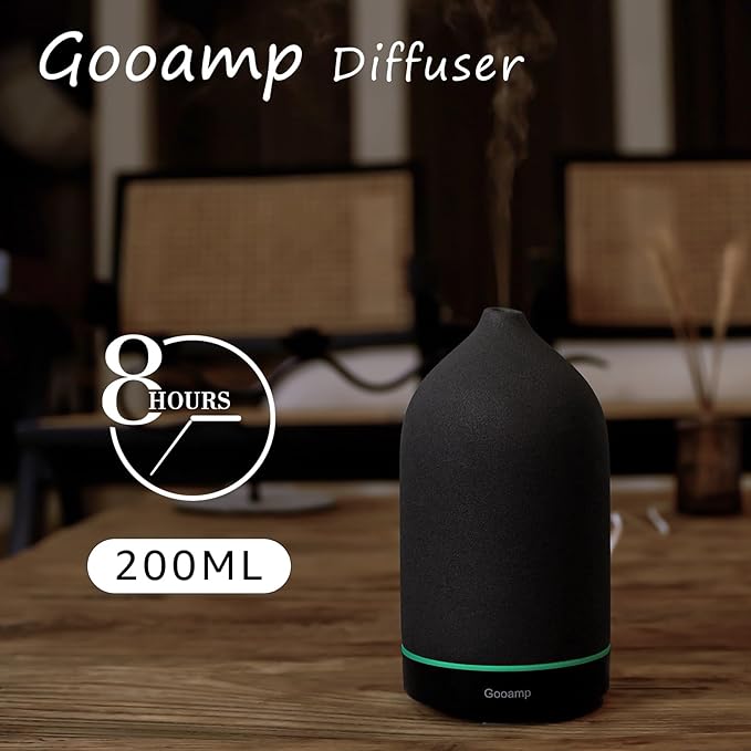 Gooamp 200ML Ceramic Essential Oil Diffuser - Ultrasonic Aromatherapy & Humidifier with 7-Color LED Lights, Auto Shut-Off, Black, 1H/3H/6H Timer | Scent for Home, Office, Yoga