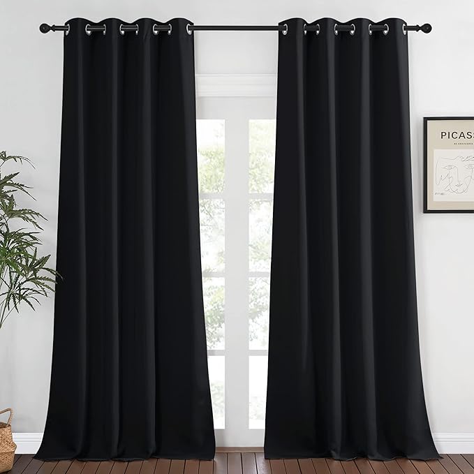 NICETOWN Blackout Black Curtain & Drape 90 inches Long - Grommet Thermal Insulated Blackout Drape Light Blinds Room Darkening Window Treatment for Bedroom (1 Panel, W52 x L90, Black)