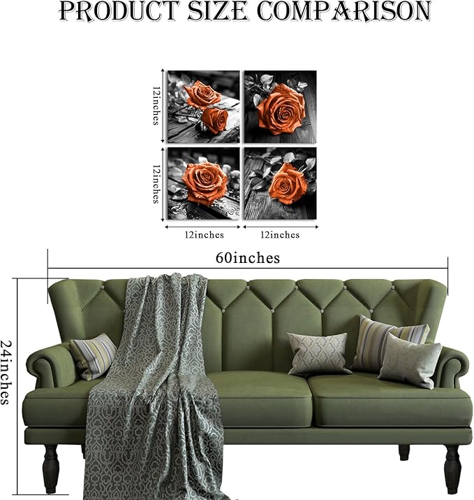 VANSEEING 4 Pieces Orange and Black Rose Flower Canvas Wall Art Floral Pictures Prints Modern Romantic Artwork Wall Decor for Valentine's Day Living Room Bedroom 12x12inchx4Pcs