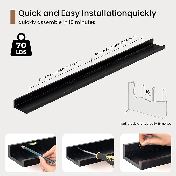 Picture Ledge Shelf, Floating Shelves Set of 2, 40 Inches Solid Wood Nursery Book Shelves for Toys Storage, Kids Bookshelf Wall Mounted for Living Room Bedroom Decor Books Photo Frames, Black