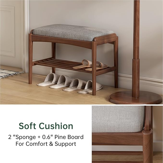 Solid Wood Shoe Bench, Shoe Rack Bench Assembled with Gray Cushion for Entryway, Hallway, Bedroom, Living Room, 11.8" x 23.6" x 16.5", Beech Wood, Walnut