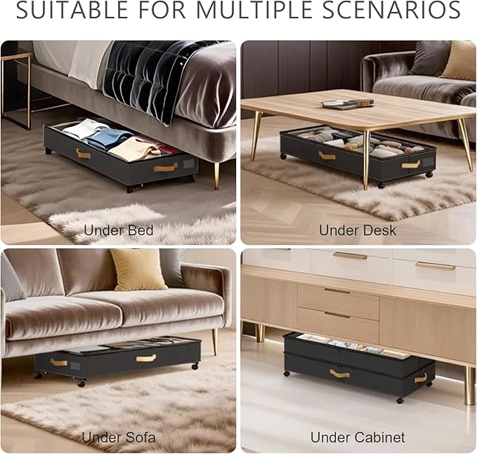 Under Bed Storage with Wheels 2-Pack, 75L XXL Under the Bed Storage Containers Large, 12" Tall Adjustable Storage for Underbed with Lids, Rolling for Clothes, Shoes, Blankets (Black)