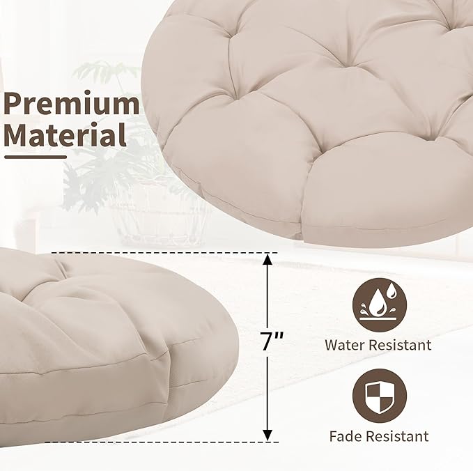 46" Giant Oversized Ergonomic Rattan Papasan Chair with Soft Thick Cushion for Adults, Fluid 360° Swivel, Waterproof, Black Frame with Beige Cushion