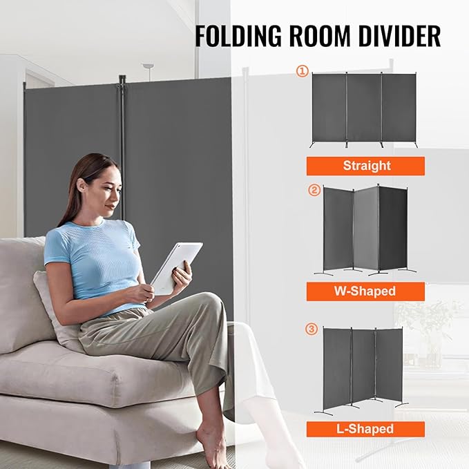 VEVOR Room Dividers, 3 Panel Room Divider, Folding Privacy Screen and Portable Partition Divider for Room Separation, Freestanding Room Partitions for Office, Bedroom, Study, Grey