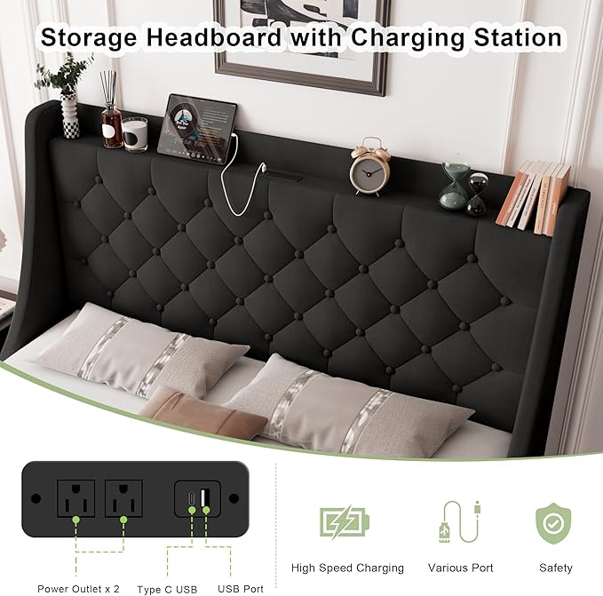 Feonase Upholstered Queen Size Bed Frame with 4 Storage Drawers, Storage Bed with Charging Station, Large Wingback Headboard, No Box Spring Needed, Black