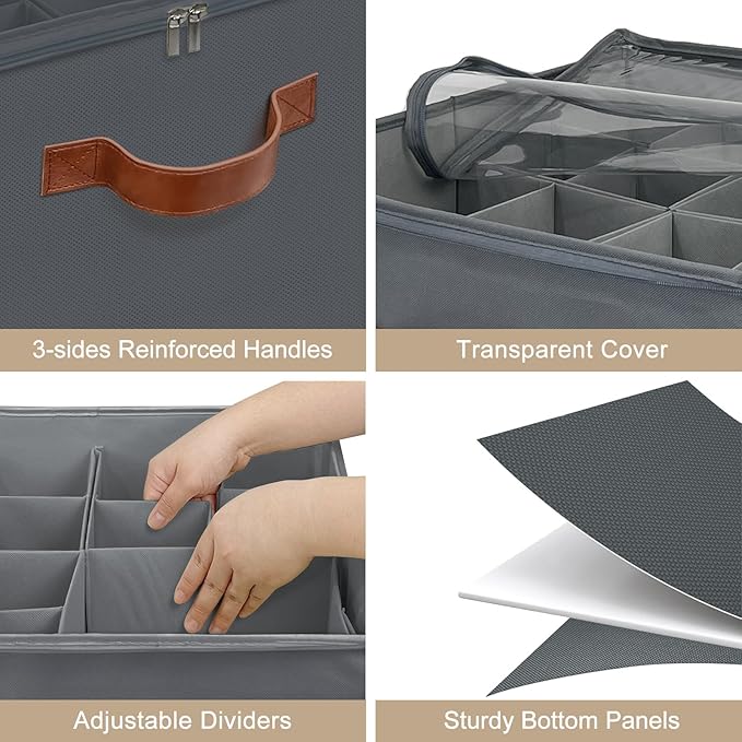 Shoe Organizer for Closet, Foldable Shoe Storage Box with Clear Top Lid, 3 Leather Handles, Adjustable Dividers, Fits 8-16 Pairs, Stackable Shoe Bin for Bedroom (Gray, 1 PCS/16.9*11.8*1.57 inch)