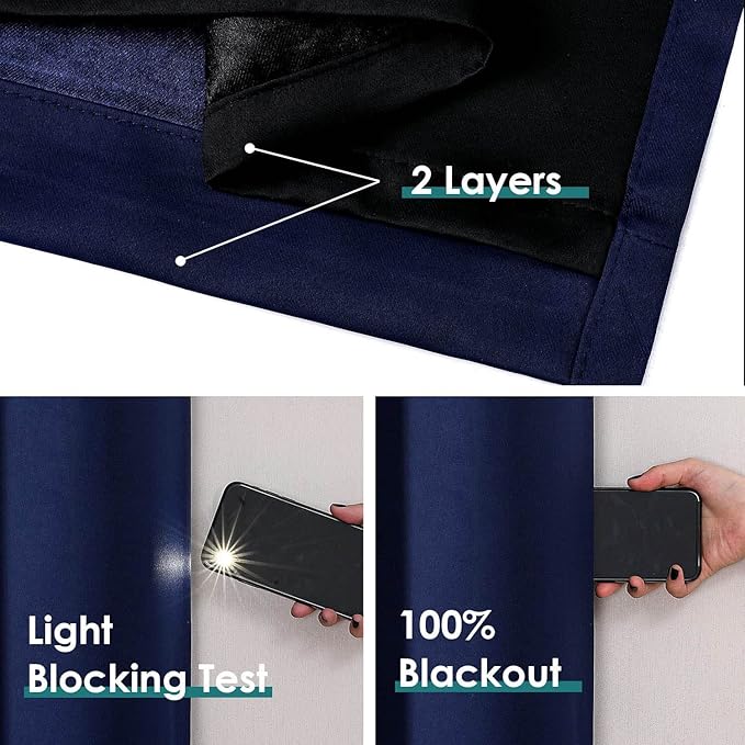 ChrisDowa 100% Blackout Curtains 72 inch Long for Bedroom with Black Liner, 2 Thick Layers Total Blackout Thermal Insulated Grommet Window Curtains 2 Panels Set (Navy Blue, 42 x 72 Inch)