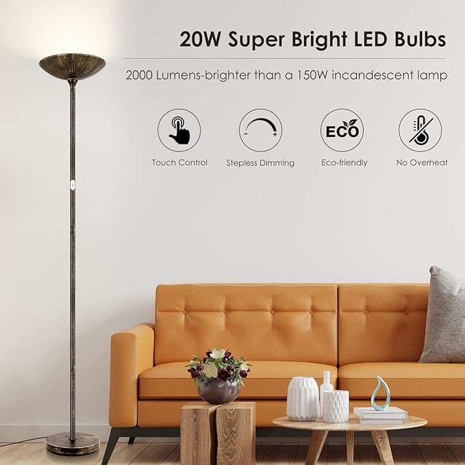 Floor Lamp, Standing Lamp, 20W 2000LM LED Torchiere Floor Lamp, Stepless Dimmable, Touch Control, 3000K Daylight, 50000hrs Lifespan, Floor Lamps for Living Room, Standing Lamps for Bedroom,Bronze