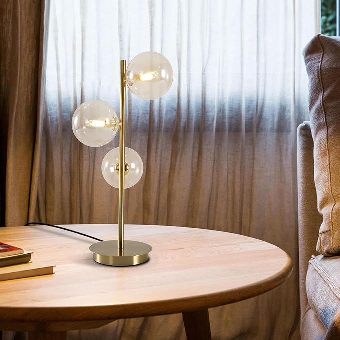 Gold Globe Bedside Lamp, 3 Lights Mid Century Modern Table Lamp, Contemporary Cognac Glass Globe Readin Lamp for Bedroom Living Room Study Room