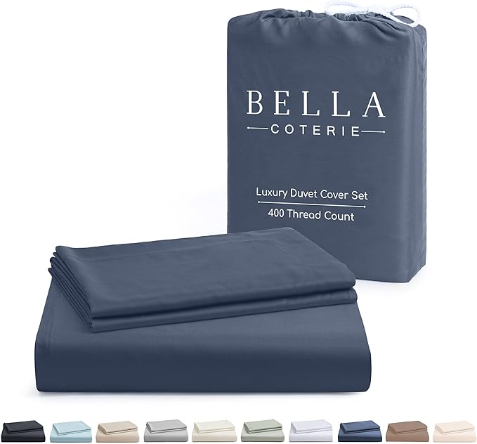 Bella Coterie Luxury Bamboo Viscose Queen Size Duvet Cover Set | 100% Organically Grown | Corner Ties | Ultra Soft | Cooling | Two Pillow Shams | 90 x 94 | No Insert [Slate Blue]
