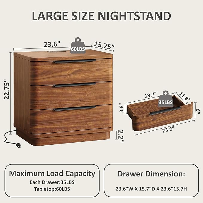 Nightstands Set of 2, Bedside Table with 3 Storage Drawers, 24" Tall Wood Night Stand with Charging Station, Modern Wide End Table Side Table W/Metal Handle Curved Profile for Bedroom