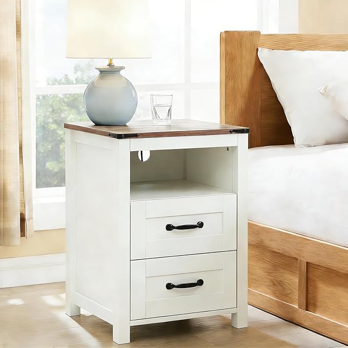 White Rustic Night Stand, Farmhouse End Table, Modern Bedside Table with 2 Storage Drawers and Open Shelf, Tall Nightstand for Bedroom