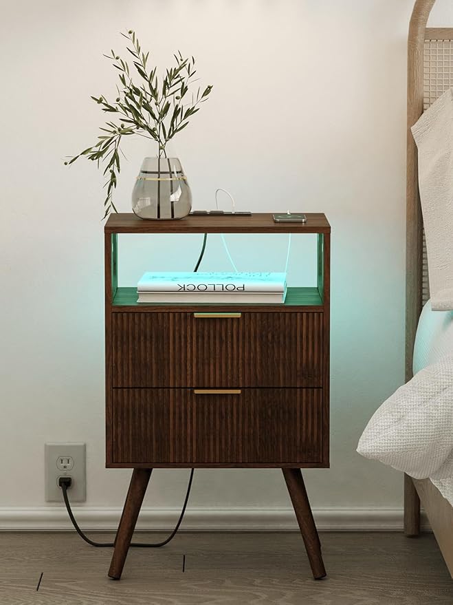 Nightstand with Charging Station and LED Lights, Modern Bedside Table with 2 Storage Drawer and Open Wood Shelf for Bedroom and Small Spaces, Night Stand with Solid Wood Legs