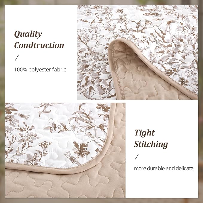 WONGS BEDDING King Size Quilt Set, Brown Quilt Bedding Set with 2 Pillowcases, Botanical Quilt for King Bed, Soft Microfiber Lightweight Coverlet Bedspread for All Season (110"×90", 3 Pieces)