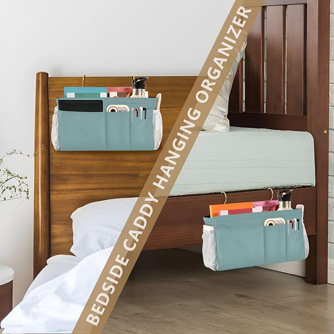 KOPIRIT Teal Bedside Caddy Storage Bag Bedside Organizer for Bunk Bed Headboards College Bedside Shelf Hanging Organizer 6 Pockets with Hooks for Glasses Book Tablet Holder